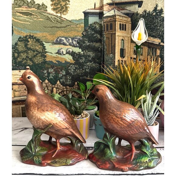Vintage Ceramic Quail Figurines Brown & Green Bird Decor Set Of 2 - Picture 4 of 6